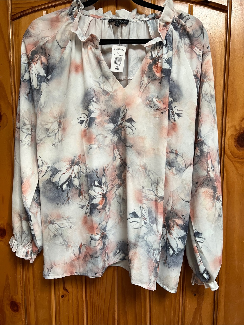 Watercolor Floral V-Neck Long-Sleeve Blouse - White Pink Gray